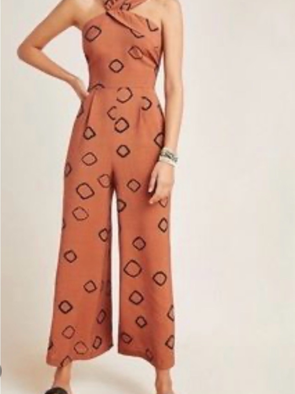 Eva Franco Rust One-Shoulder Wide-Leg Geometric Jumpsuit